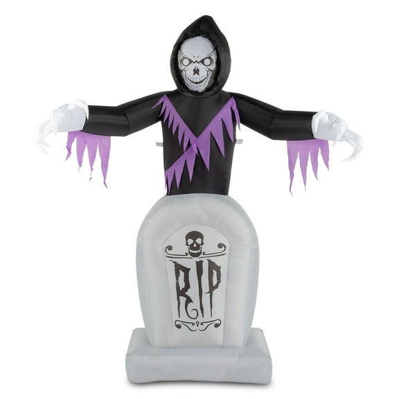 6ft Halloween Inflatable Grim Reaper & Grave Set with 3 LED String Lights, Quick Inflate with Blower, Stakes/Ropes Included for Yard/Garden