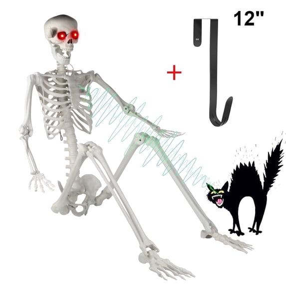 Gamexcel 6ft Halloween Skeleton with LED Eyes, Creepy Sound, and 12in Hanger - Perfect for Halloween Party Decoration