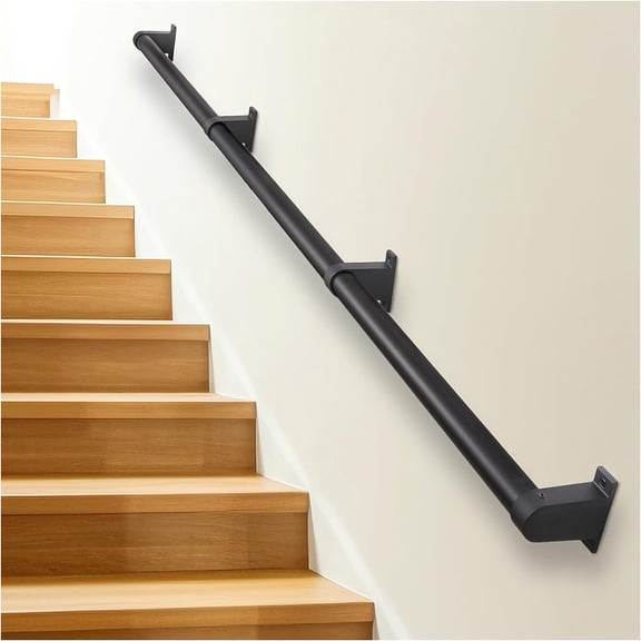 6ft Industrial Aluminum Stair Handrail for Indoor & Outdoor Steps - Wall Mount Pipe Hand Railing, 1.25" Black Powder Coated