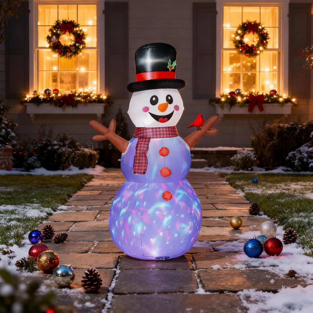 6ft Inflatable Snowman with Branch Hands LED Lights Rotating Colorful Light Outdoor Yard Christmas Decoration