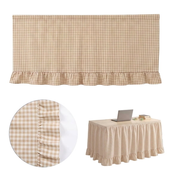 6ft Khaki Gingham Ruffled Teacher Desk Skirt, Scalloped Hook and Loop Table Skirt, Back to School Classroom Decor, Polyester Full Coverage Desk Skirt for Teacher Office Reception Table Decor