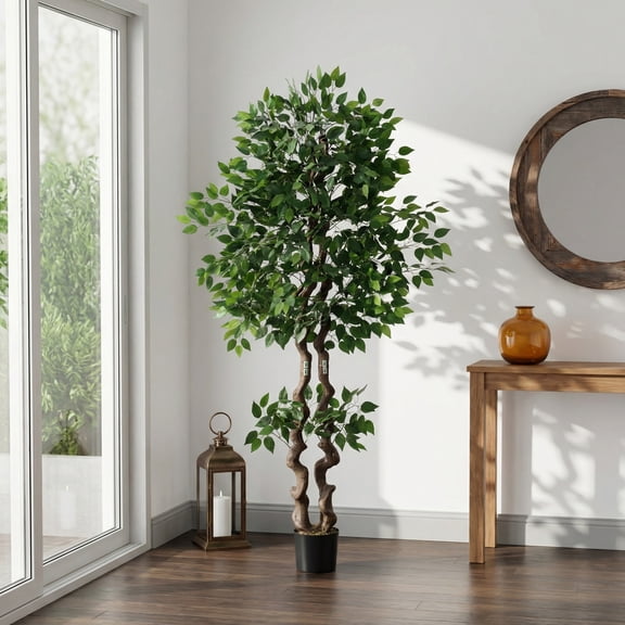 6ft Large Artificial Ficus Tree, Tall Faux Banyan Tree Floor Plant with Realistic PVC Trunk and Full Dense Foliage, Indoor Home Office Living Room Decor