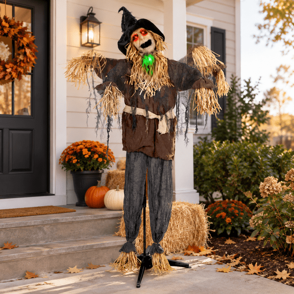 6ft Life-Size Standing Scarecrow Ghost Decor with Light-Up Eyes, Spooky Sound, Moving Limbs for Haunted House Party Decor