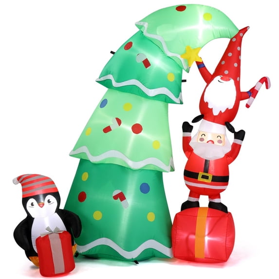 6ft Lighted Christmas Decoration, Inflatable Bend Christmas Tree with Elf and Santa Claus, Outside Blow Up Yard Decorations w/ Built-in LED Light