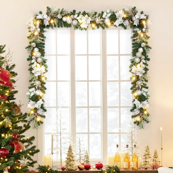 6ft Lighted Christmas Garland, Battery Operated Christmas Garland with 20 LED Lights Silver White Ball Ornaments Pine Cones Bow for Fireplace Mantle Stair Railing Outdoor Indoor Decorations