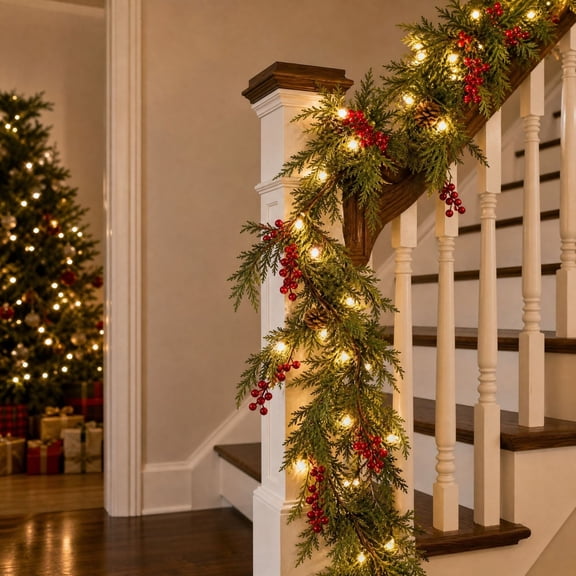 6ft Lighted Christmas Garland, Norfolk Pine Garland, Pre-lit Artificial Garland for Mantel Table Decor