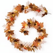 Fall Garland 6ft Lighted GarlandThanksgiving Decoration Fall Pre-Lit Garland for Front Door-Harvest Garland with Pinecones & Berries for Staircase, Fireplace Door, Home Decor Batteries Not Included