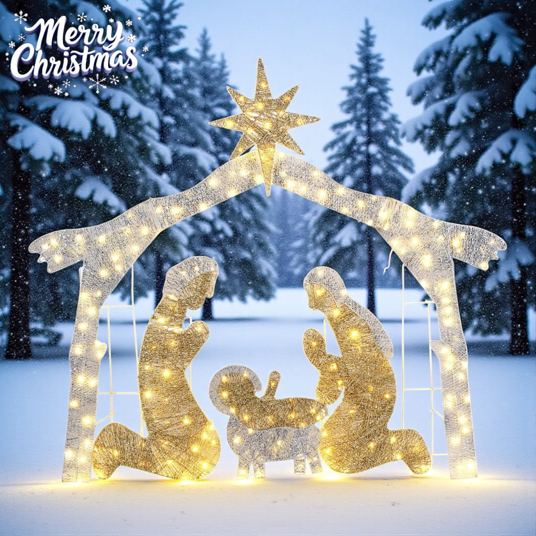 6ft Lighted Nativity Scene with 190 LED Warm White Lights – Silver Roof ...