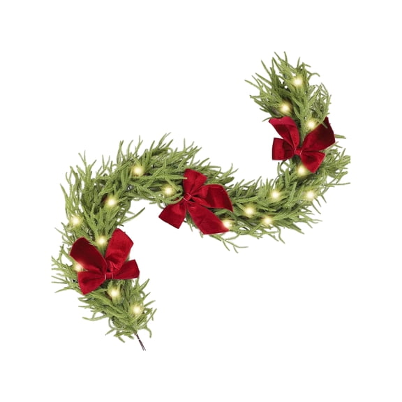 6ft Lighted Norfolk Pine Christmas Garland with Large Red Velvet Bows, Pre-Lit Greenery Holiday Swag for Front Door Stair Mantel Fireplace Table Indoor Outdoor Winter Xmas Home Decorations