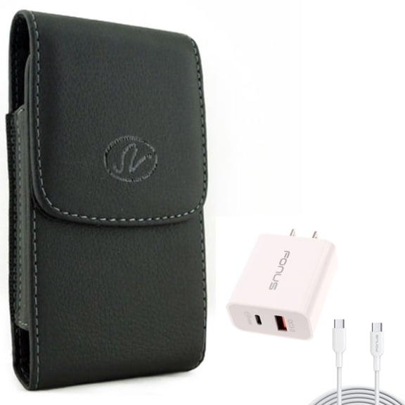 6ft Long Cable Fast Type-C 36W PD Home Charger w Holster Leather Case Belt Clip for Motorola Moto Z Force Droid, Revvlry Plus, G7 G Stylus Power (2020) - OnePlus 7T, 6T, 6, 9 - Razer Phone 2