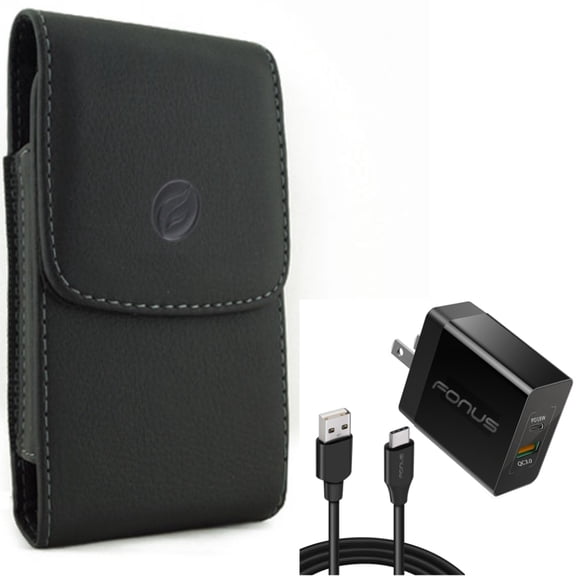 6ft Long Cable Fast Type-C 36W PD Home Charger w Holster Leather Case Belt Clip for Motorola Moto Z4 Z3 Play Z2 Play Force Z Force Droid, Revvlry Plus, G7 - OnePlus 6T, 6 - Razer Phone 2