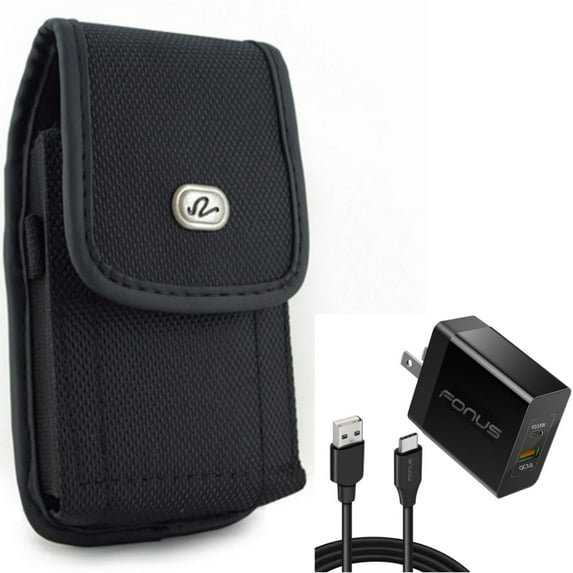 6ft Long Cable Fast Type-C 36W PD Home Charger w Holster Rugged Case Belt Clip for Acer Liquid Jade Primo - ASUS ROG Phone, ZenFone 6 - AT&T Fusion Z - BLU G9 Pro - BOLD N1 - CAT S62 Pro