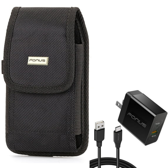6ft Long Cable Fast Type-C 36W PD Home Charger w Holster Rugged Case Belt Clip for LG K92 5G, Harmony 4 - Lively Jitterbug Smart3 - Motorola One Zoom, Moto Z4 Z3 Play Z2 Play Force