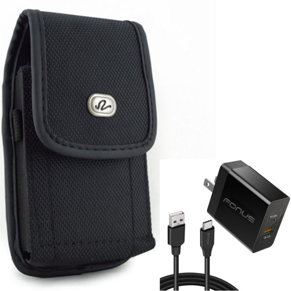 6ft Long Cable Fast Type-C 36W PD Home Charger w Holster Rugged Case Belt Clip for Samsung Galaxy S21 FE 5G A53 5G A52 5G A51 5G A50 A33 5G A30s A20 - T-Mobile REVVL 4 - Wiko Ride 3