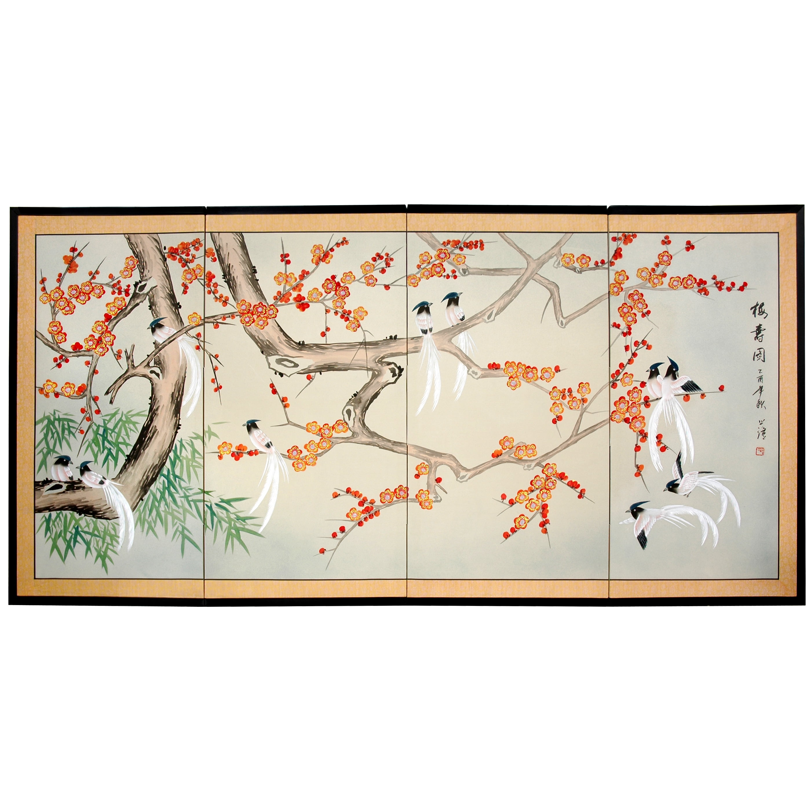 6ft. Long Handpainted Chinese Silk Wall Art Screen - Love Birds Plum Blossoms