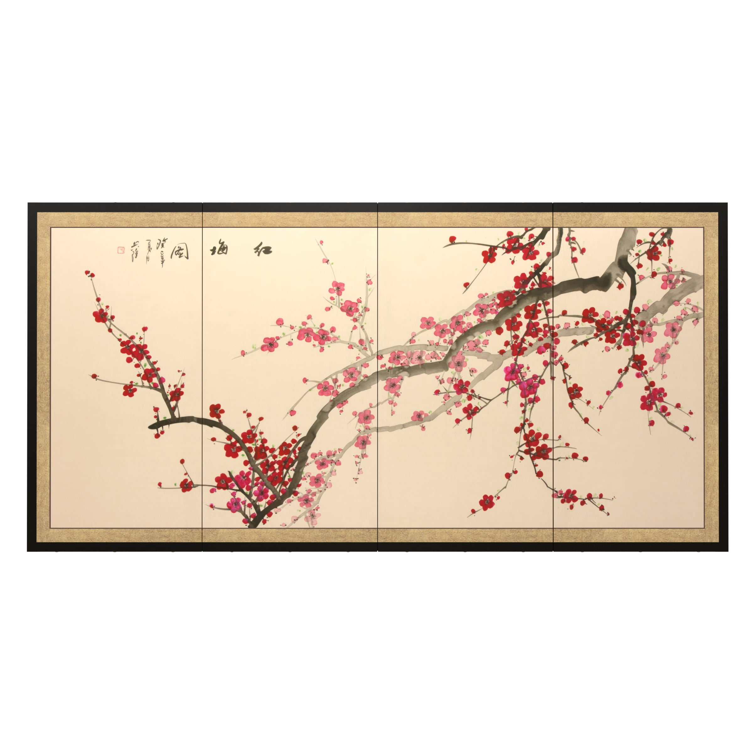 6ft. Long Handpainted Chinese Silk Wall Art Screen - Plum Tree Blossoms