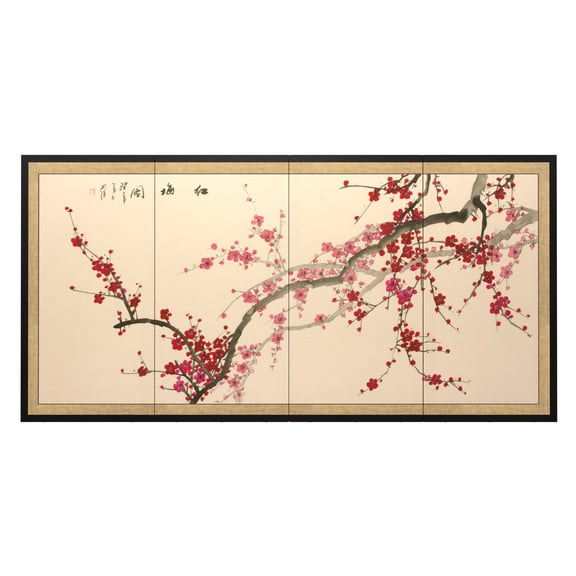6ft. Long Handpainted Chinese Silk Wall Art Screen - Plum Tree Blossoms