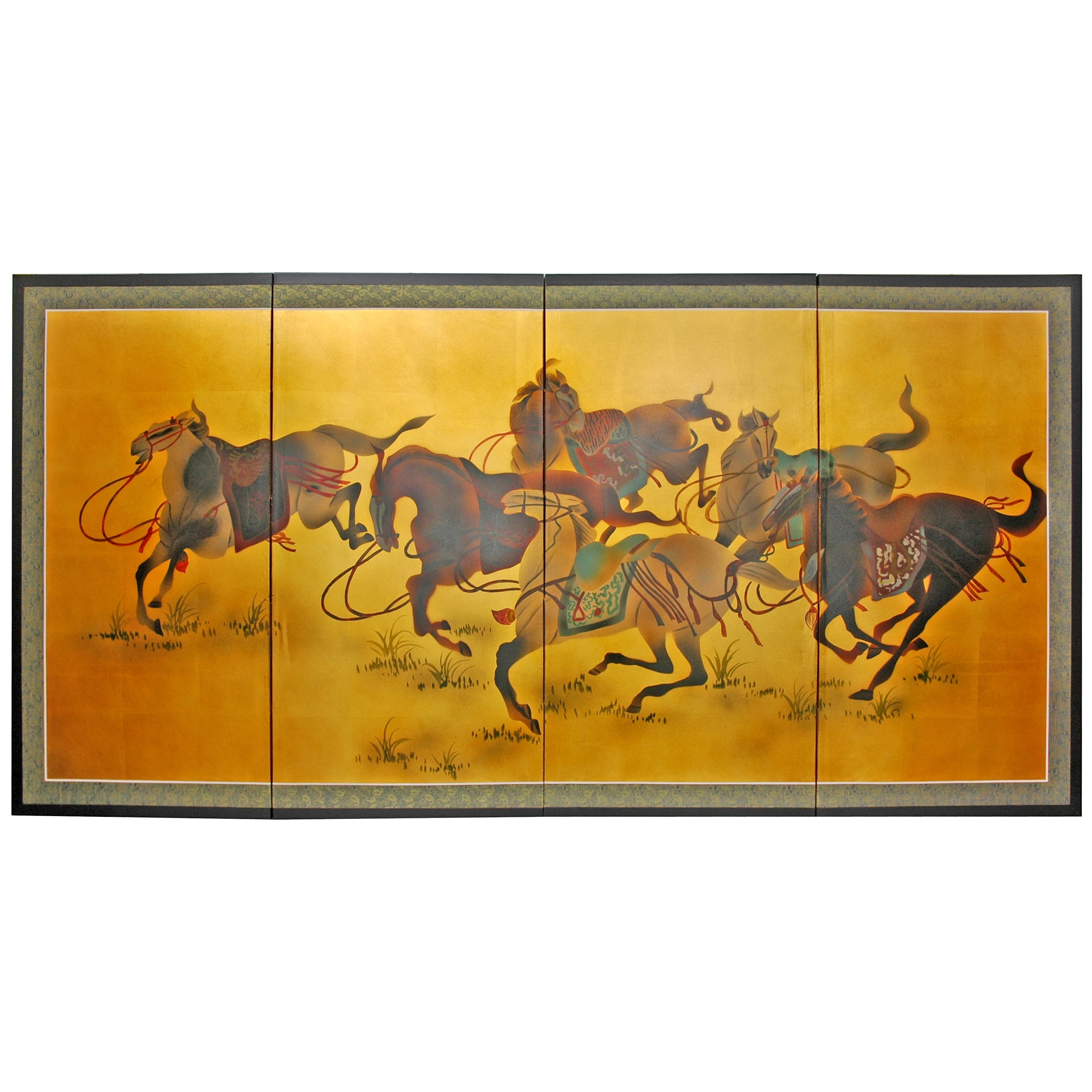 6ft. Long Handpainted Goldleaf Chinese Silk Wall Art Screen - 6 Saddled Horses, image size:2727x2727