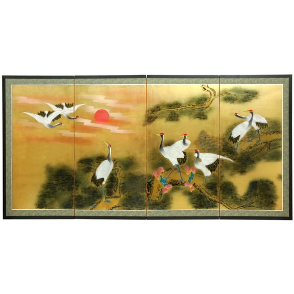 6ft. Long Handpainted Goldleaf Chinese Silk Wall Art Screen - Cranes and Pine
