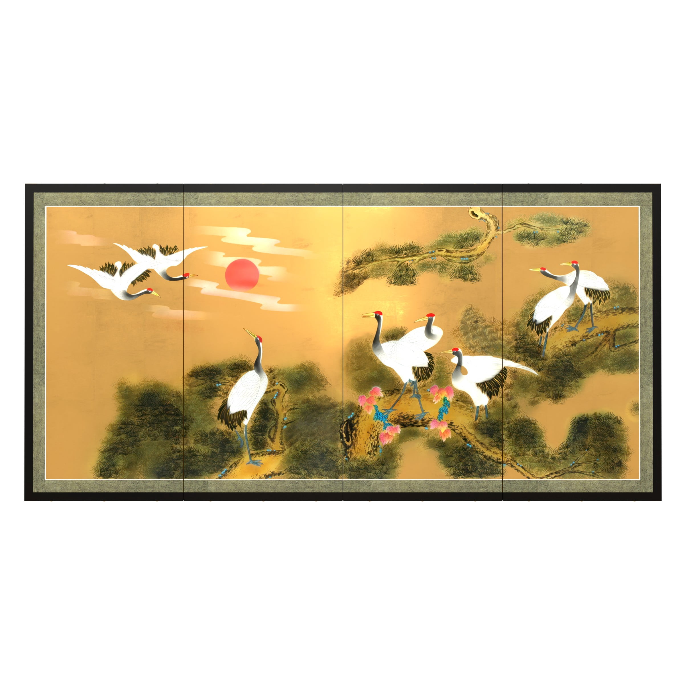 6ft. Long Handpainted Goldleaf Chinese Silk Wall Art Screen - Cranes and Pine
