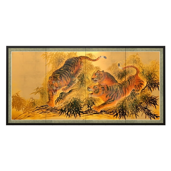 6ft. Long Handpainted Goldleaf Chinese Silk Wall Art Screen - Tigers and Bamboo