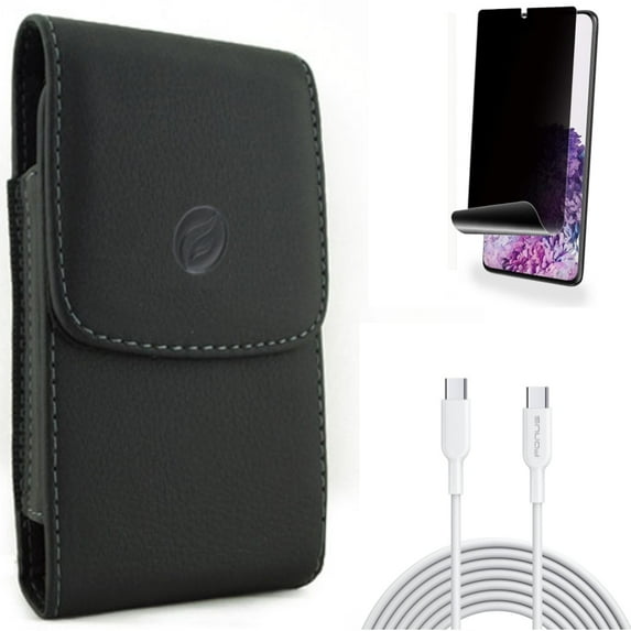 6ft Long Type-C Cable w Privacy Screen Protector w Case Belt Clip for Samsung Galaxy S20 Plus - PD Fast Charger Cord Power Wire, TPU Film [NOT GLASS] [Fingerprint Works], Leather fits Galaxy S20 Plus