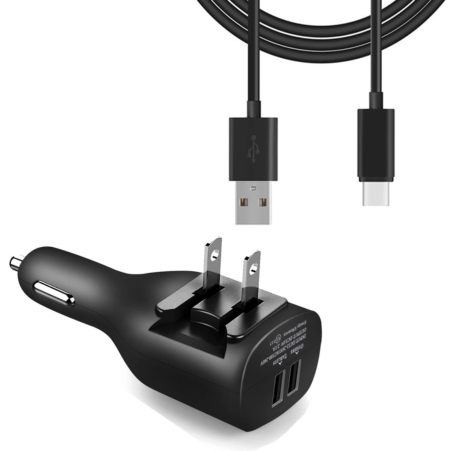 6ft Long USB-C Cable 2-in-1 Car Home Charger for Nokia XR21, T21, X100 - TYPE-C Cord Travel Power Adapter Charging Wire Folding Prongs