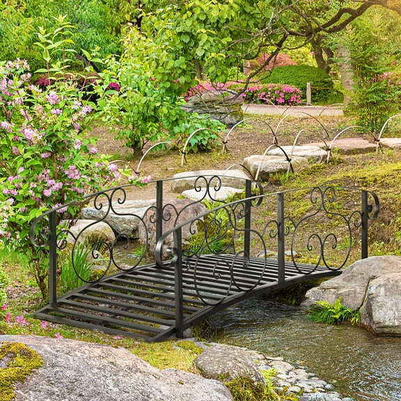 6ft Metal Arch Garden Bridge with Safety Handrails for Backyard Creek Pond, Black Steel Footbridge, 330lbs Capacity