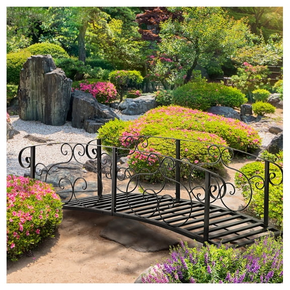 6ft Metal Garden Bridge with Rails - Backyard Footbridge for Stream, Pond, Landscape - Black Steel Arch Bridge