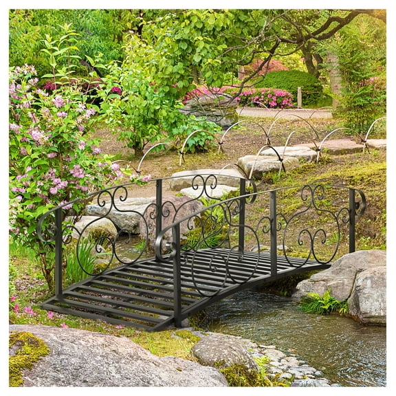 6ft Metal Garden Bridge with Siderails, Backyard Footbridge for Stream, Pond, Landscape Decoration