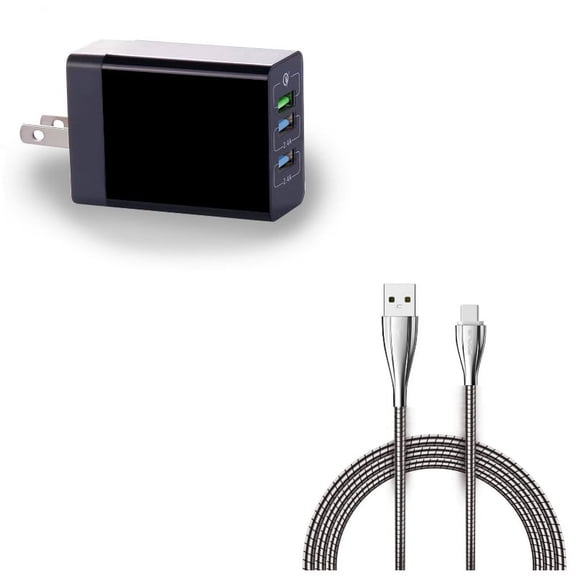 6ft Metal USB Cable w 34W Home Charger Z6K for Acer Liquid Jade Primo - Alcatel PulseMix, 7, Idol 5S 5 4S - ASUS Zenfone V Live, ROG Phone, AR 6 5z 4 Pro - Blackberry Motion, Key2, KEYone, LE