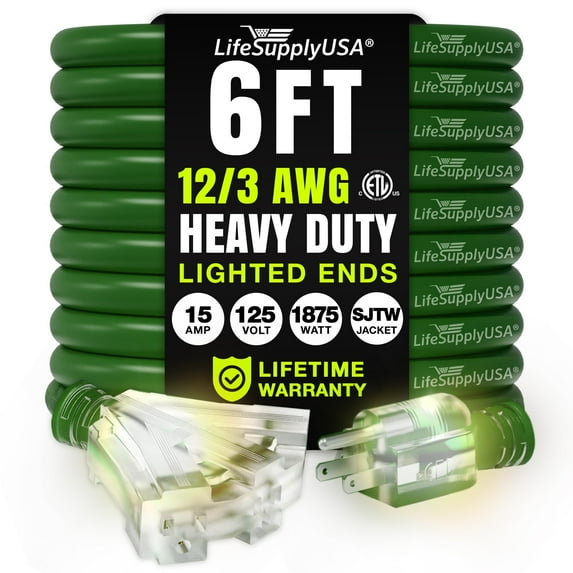 6ft Outdoor/Indoor Extension Cord 3-Outlet 12/3 Gauge Extra Heavy Duty ETL Listed, 3 Prong SJTW, Waterproof, Flexible Cold-Resistant Long Power Cord,125 Amp 1875W, Green by LifeSupplyUSA