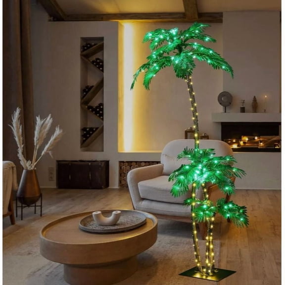 6ft Outdoor LED Artificial Palm Tree Lights with 8 Modes, Plug- Faux Tree Suitable for Christmas & Summer Parties, Warm / Lights, Heavy-Duty Base & Stakes, Plug-and-Play (No), Christmas Decor