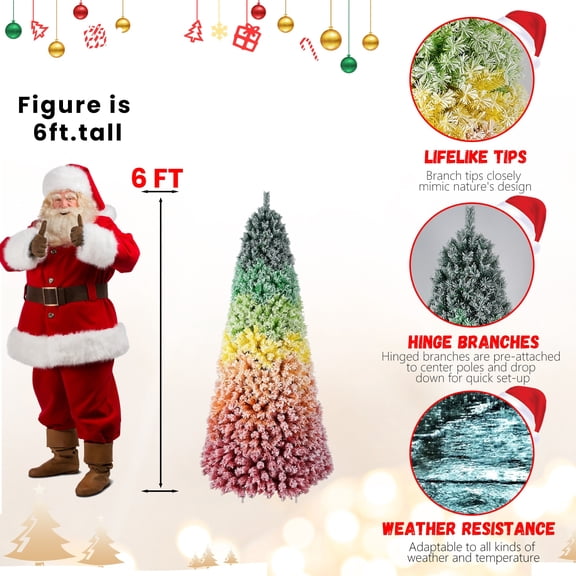6ft PVC Rainbow Flocked Christmas Tree, Colorful Ombre Effect, Snowy Finish, Unique Holiday Decor