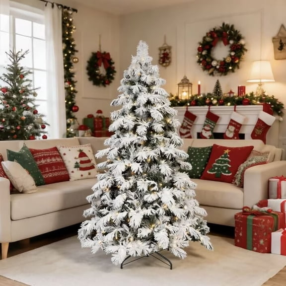 6ft PVC flocked Green+White Christmas Tree  Lifelike Full-Bodied Festive Centerpiece& Warm white LED Lightsmemory wire+power pole