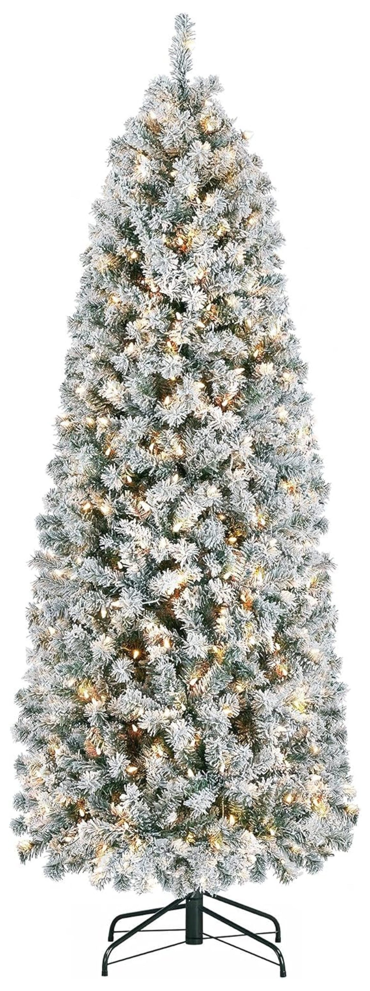 6ft Pencil Christmas Tree Prelit Artificial Snow Flocked Slim Skinny