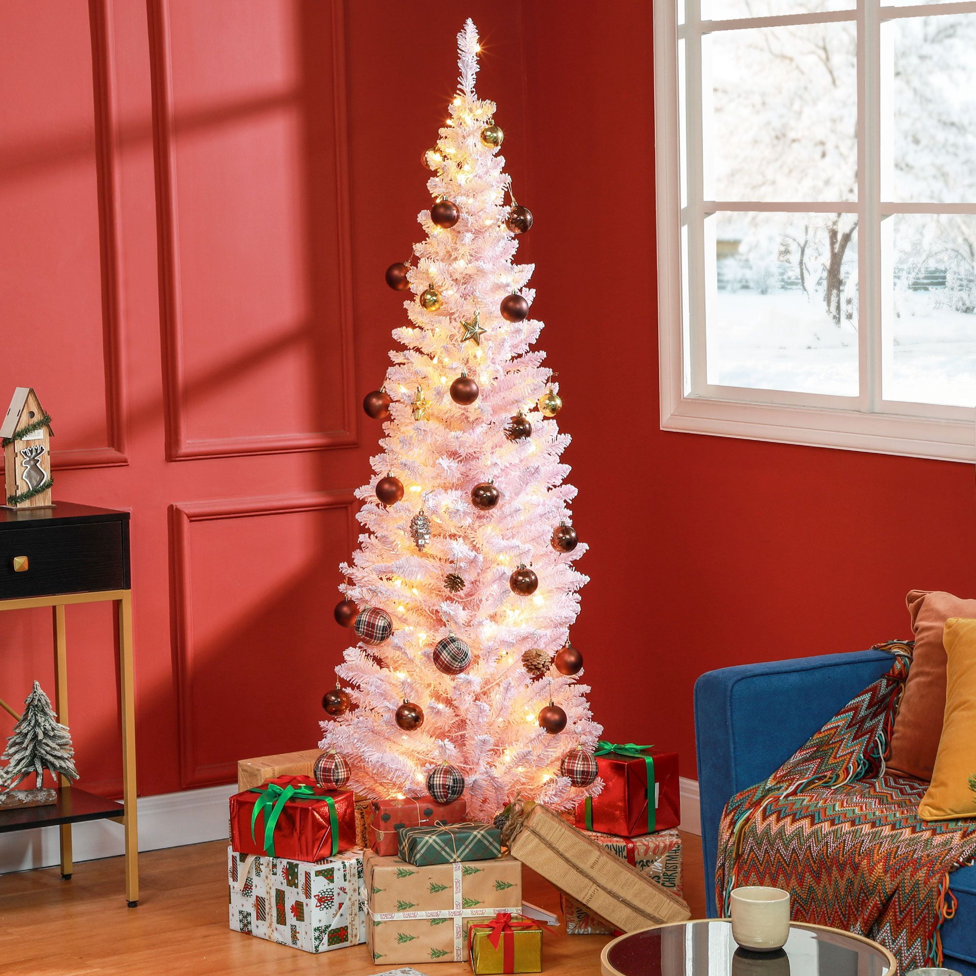 6ft Pencil Christmas Tree, Slim Artificial Christmas Tree with Realistic Branches and Warm White LED Lights, Pink