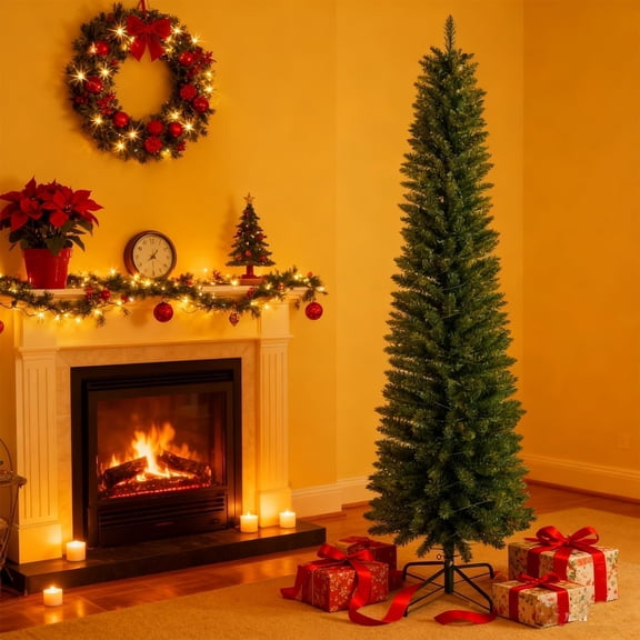 6ft Pencil Christmas Tree, Slim Artificial Xmas Tree for Small Spaces, 358 PVC Tips with Stand, Space-Saving Full Height Narrow Holiday Decor
