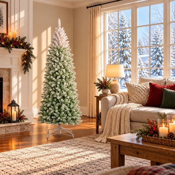 6ft Pencil Flocked Pre-Lit Artificial Christmas Tree with Dual-Color ...