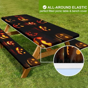 6ft Picnic Table and Bench Fitted Cover, 72" Flannel Backing Elastic Edge Waterproof Wipeable Plastic Cover Fitted Vinyl Tablecloth for Home Goods Indoor Outdoor Patio, Black-White Checkered