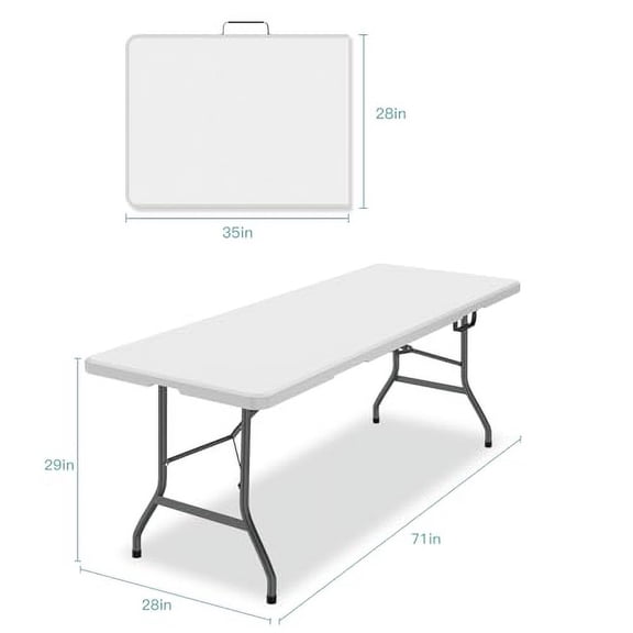 6ft Plastic Folding Table, Indoor Outdoor Heavy Duty Portable w/Handle, Lock for Picnic, Party, Camping - White (28''D x 71''W x 29''H)