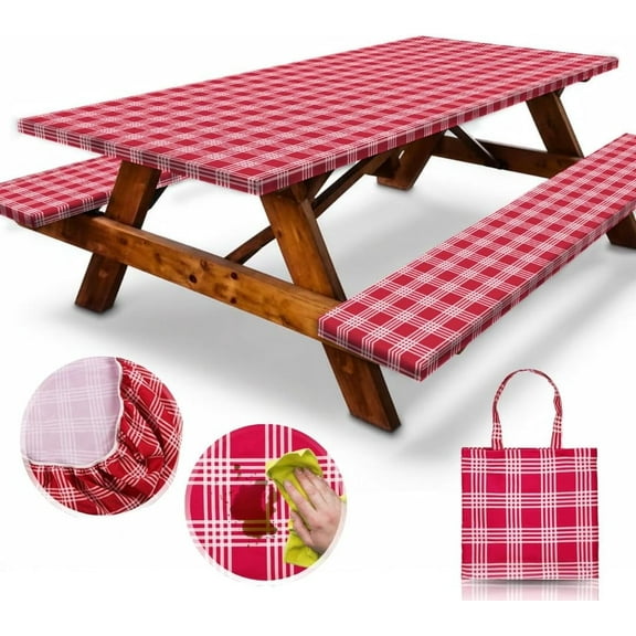 6ft Polyester Picnic Table Cover with Bench Covers and Carrying bag, Elastic all Around,Windproof and Waterproof Picnic Table Covers with Elastic for Camping RV Gear 72x30 Inches 4Pcs