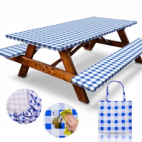 6ft Polyester Picnic Table Cover with Bench Covers and Carrying bag, Elastic all Around,Windproof and Waterproof Picnic Table Covers with Elastic for Camping RV Gear 72x30 Inches 4Pcs