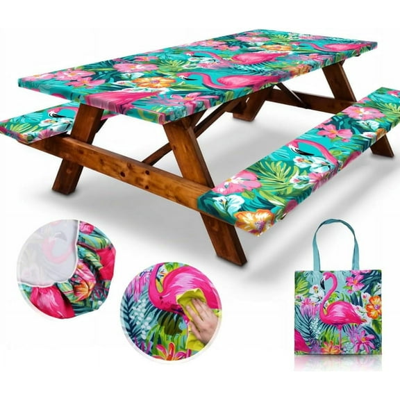 6ft Polyester Picnic Table Cover with Bench Covers and Carrying bag, Elastic all Around,Windproof and Waterproof Picnic Table Covers with Elastic for Camping RV Gear 72x30 Inches 4Pcs
