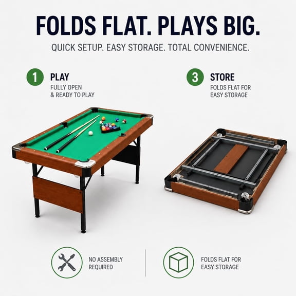 6ft Pool Table for Adults, Wooden Foldable Billiard Tables with Chrome-Plated Corners&Stable Steel Adjustable Legs, 6 Foot Pool Tables No Assembly Required, Includes Full Accessory Kit