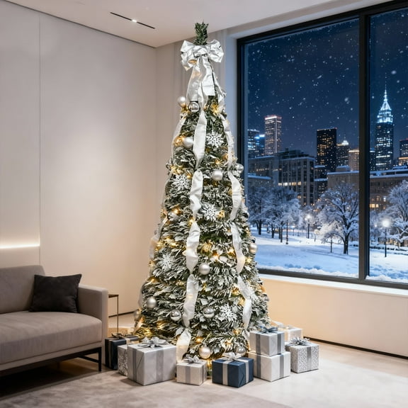 Bringstar 6ft Silver Pop Up Christmas Tree Pre Lit with 150 Lights, Pre Decorated Artificial Xmas Tree with Ornaments, Easy Setup & Foldable for Storage