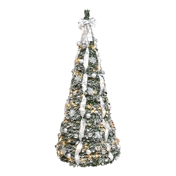 Bringstar 6ft Silver Pop Up Christmas Tree Pre Lit with 150 Lights, Pre Decorated Artificial Xmas Tree with Ornaments, Easy Setup & Foldable for Storage