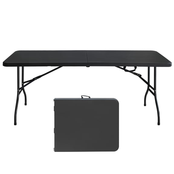 6ft Portable Indoor&Outdoor Table with Gravity Lock,Camping Table with Carrying Handle,Folding Table with Foot Pad for Camping, Picnics, Apartment, Black