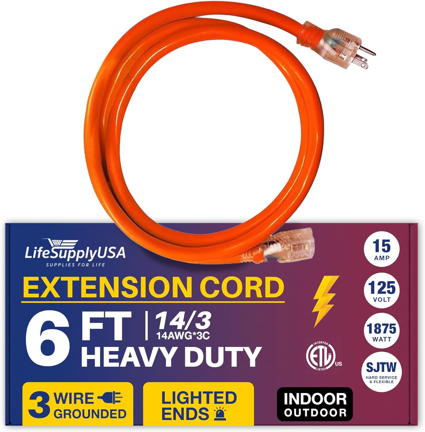 6ft Power Outdoor Extension Cord & Indoor Waterproof Electric Drop
