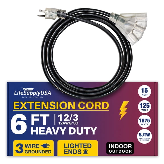 6ft Outdoor/Indoor Extension Cord 3-Outlet 12/3 Gauge Extra Heavy Duty 3 Prong SJTW, Waterproof, Flexible Cold-Resistant Long Power Cord,15A 125V 1875W, Black by LifeSupplyUSA